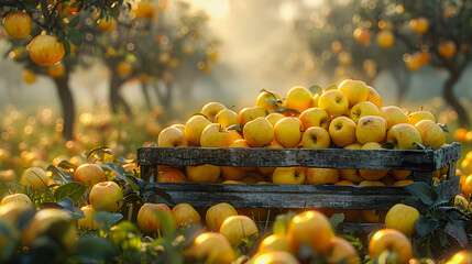 Golden delicious apples in a wooden box in an orchard with apple trees in the morning.