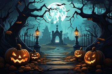 a scene with pumpkins and a cemetery
