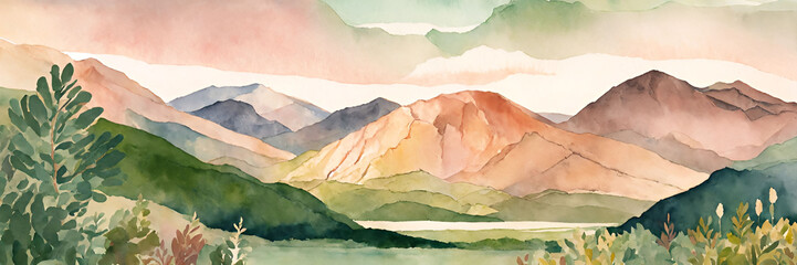 panorama of the mountains boho watercolor