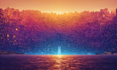 A surreal scene where a pixelated digital wall descends into a reflective ocean, under a gradient sunset sky. The artwork merges technology with natural beauty in a unique way. AI Generative