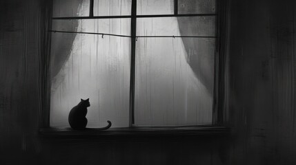 a black and white photo of a cat sitting on a window sill in front of a curtained window.