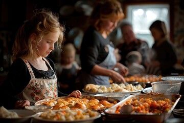 Small child focused on arranging bakery items on a table during family meal prep