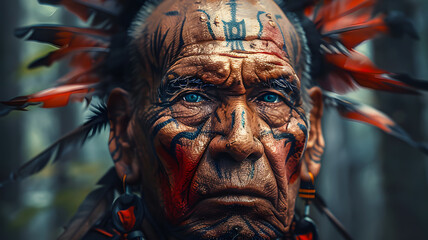 The Mohawk Indians with distinctive facial tattoos - They are an Iroquoian-speaking Indigenous people of North America, with communities in southeastern Canada and northern New York State - obrazy, fototapety, plakaty