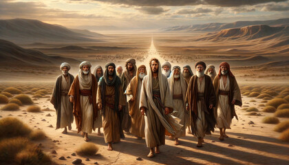 Jesús y los doce discípulos en el deserto caminando