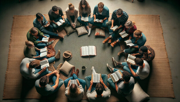 Grupo de j&oacute;venes estudiando la Biblia en circulo.