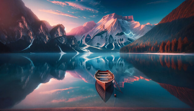 Paisaje natural de un lago y barco. Colores de puesta de sol o amanecer. Relajante 