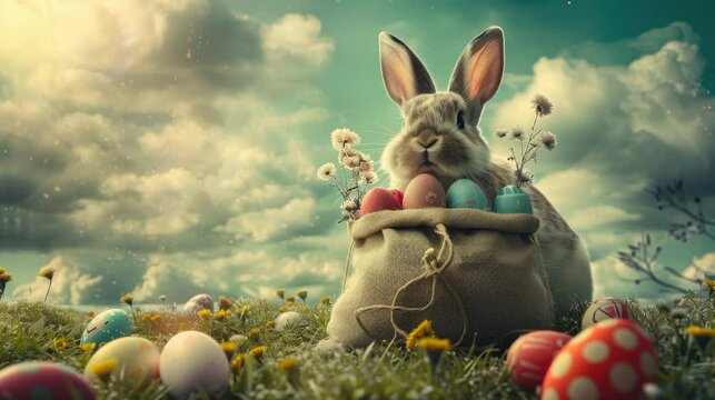 fat easter rabbit bring a bag ull of easter egg in the garden that still has egg and grass in lofi animated cloudy sky calm easter video