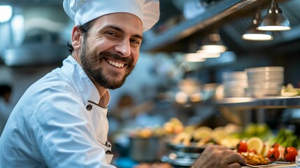 Young expert smiling chef looking at camera satisfied with his work