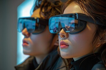 Young couple with futuristic glasses with virtual reality enjoying new innovation