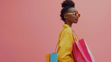 Young Shopping with Pink Background and Fashion Dress