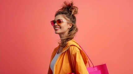 Smiling Woman with Sunglasses Walking Down Streets in Fashion Outfit