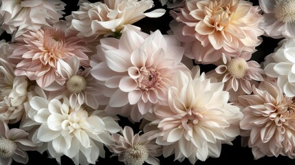 a close up of a bunch of flowers on a black background with white and pink flowers in the middle of the picture.