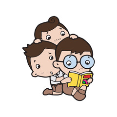 thai students cleaning up school classroom, cute cartoon kawaii vector illustration