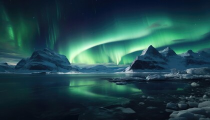 Naklejka premium Ethereal auroras swirl over icy landscapes, lighting up winter's night with dancing vibrant hues.