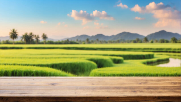 Empty wooden table for product display with rice field background