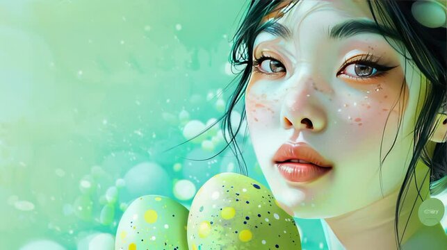 illustration of girl face with two green easter egg with animated green background easter opening title video