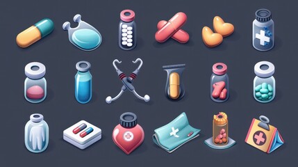A set of medical icons featuring symbols for medicine, healthcare, pharmacy, and dentistry