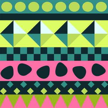 Seamless geometric pattern with contrast black, pink and green elements, could be used as background, fabric print, wallpaper.