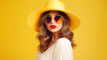 Fashion pretty young woman wearing a yellow hat, sunglasses studio background. Perfect style girl.