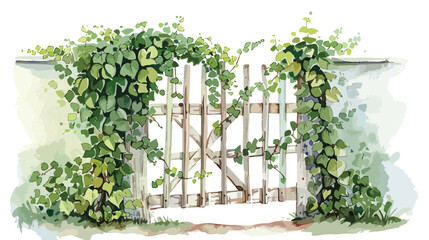 Fence with gate and climbing Ivy plant Hand drawn wa
