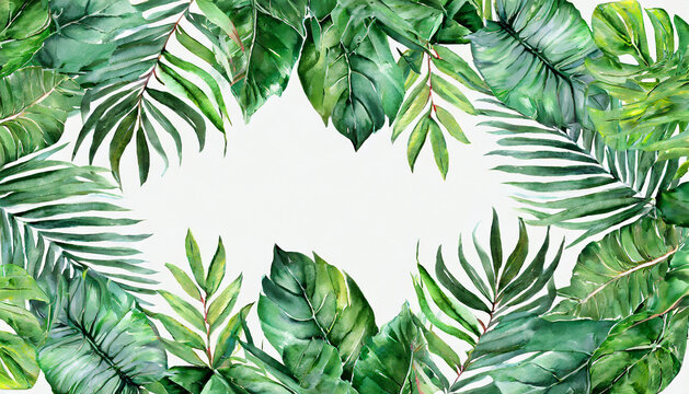 Watercolor illustration of tropical green leaves frame. Botanical art for greeting card. Abstract natural composition.