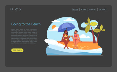 Going to the Beach concept. Friends sharing a sunny beach day under an umbrella.