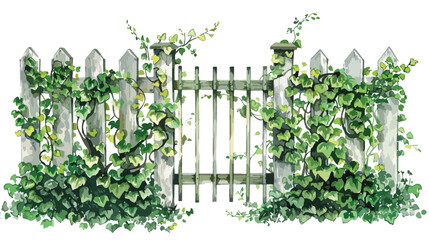 Fototapeta na wymiar Fence with gate and climbing Ivy plant Hand drawn wa