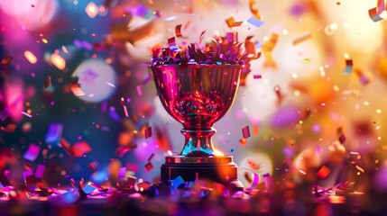 A vibrant magenta trophy glistens in the light as confetti falls upon it, creating a splash of color and festive cheer reminiscent of a christmas celebration - obrazy, fototapety, plakaty