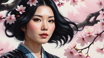 Fototapeta premium Portrait of young beautiful Asian woman under blossoming cherry tree 