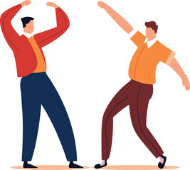 Two men dancing joyfully, one in a red jacket and the other in an orange shirt. Cartoon male characters enjoying dance. Friendship and happiness concept vector illustration.