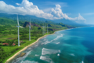 A seaside wind farm stretches along the coastline and consists of several wind-driven turbines spaced evenly apart. The towers rise high into the sky and slowly rotate in the wind. - obrazy, fototapety, plakaty