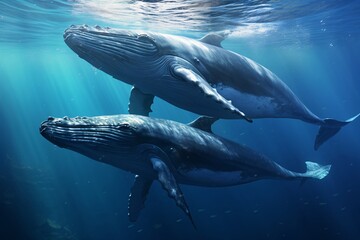 a pair of whales swimming under water - obrazy, fototapety, plakaty