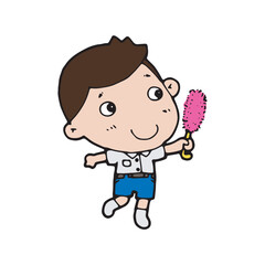 thai students cleaning up school classroom, cute cartoon kawaii vector illustration