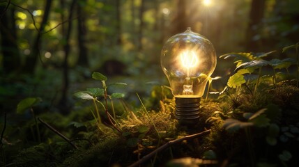 Light bulb in the middle of forest - obrazy, fototapety, plakaty