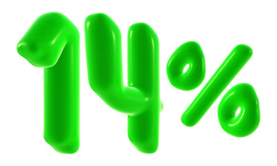 14 percent with green color isolated on transparent background for sale, discount, promotion and business concept 