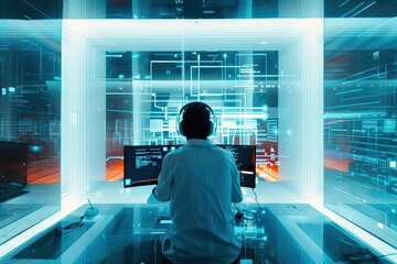 Embracing the Future of Work: Person Using Futuristic Workspaces Enhanced by AI-Powered Technologies for Productivity and Creativity