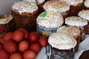 Easter holiday. Easter cakes and dyed eggs.