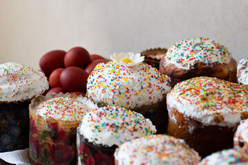 Easter holiday. Easter cakes and dyed eggs.