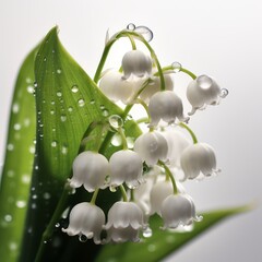 Lily of the valley flowers with dew drops on white background