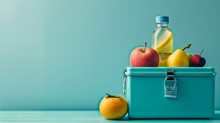 An eco-friendly lunch box filled with locally sourced fruits and a refreshing bottle of juice, showcasing the beauty and benefits of natural, whole foods in a vegan diet