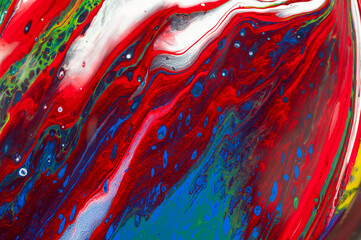 Painting is made up of swirls and splatters of red, white, and blue paint
