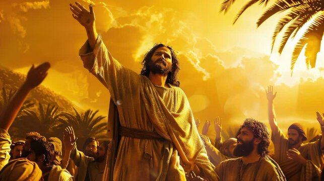 midle east people illustration of Jesus with his followers with moving animated yellow cloudy sky in the morning