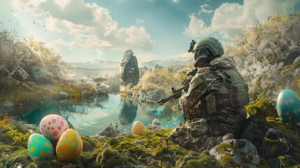 military easter greeting video background easter eggs with a soldier in the pond video animation - Powered by Adobe