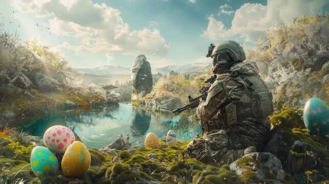 military easter greeting video background easter eggs with a soldier in the pond video animation
