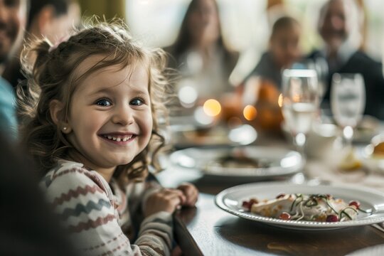 A Young Girl Happily Enjoys Her Meal At The Dinner Table, Flashing A Big Smile For The Camera While Sitting Among Her Tableware And Food