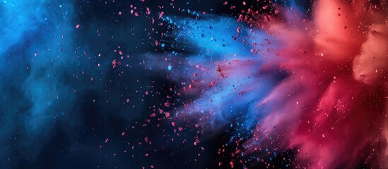 A vivid explosion of colored powder creates a dynamic and abstract composition against a stark black backdrop. Each particle of powder frozen in motion, showcasing a burst of energy and movement. - obrazy, fototapety, plakaty