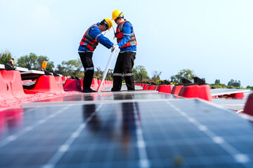 Photovoltaic engineers work on floating photovoltaics. workers Inspect and repair the solar panel...