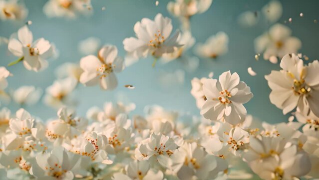 White flowers drift gracefully on a serene blue backdrop.
