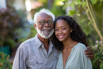 A senior man and his young adult granddaughter share a heartfelt embrace, their smiles radiating a familial bond and timeless affection.