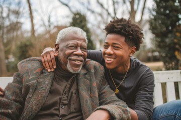 A candid shot of a senior man and his grandson sharing a light-hearted moment on a park bench, their laughter echoing a close family connection in an outdoor autumn setting.